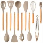 Non-Stick Silicon 12 Pcs Heat Resistant Wooden Handle Kitchen Cooking Utensils Set, Khaki Color - Image 3