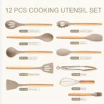 Non-Stick Silicon 12 Pcs Heat Resistant Wooden Handle Kitchen Cooking Utensils Set, Khaki Color