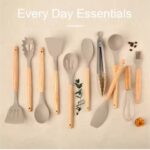 Non-Stick Silicon 12 Pcs Heat Resistant Wooden Handle Kitchen Cooking Utensils Set, Khaki Color - Image 2
