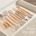 Non-Stick Silicon 12 Pcs Heat Resistant Wooden Handle Kitchen Cooking Utensils Set, Khaki Color - Image 4